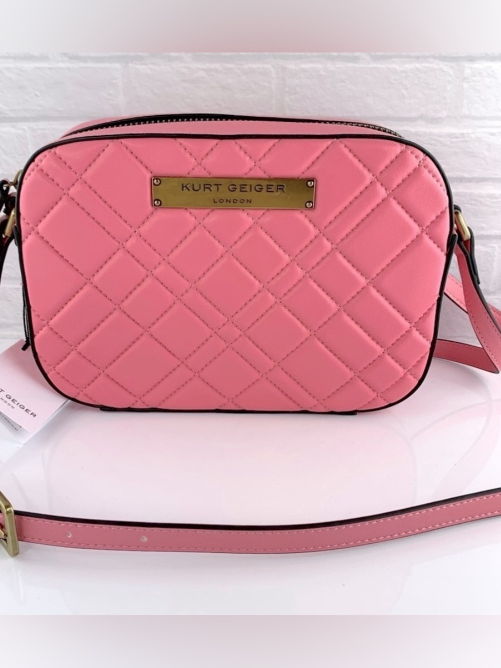 Kurt Geiger Pink Quilted Camera Crossbody with Gold Plaque